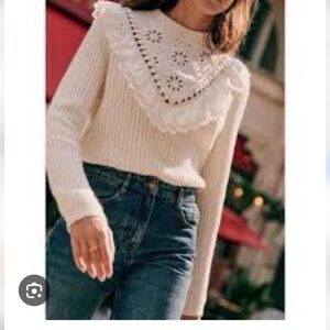 Sezane Armel Peter Pan Collar Eyelet Wool Cotton Knit Pullover Sweater Size S